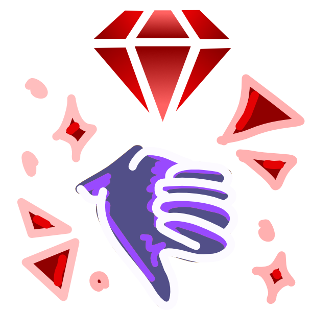 A red gemstone cut like a diamond above a purple thumbs down hand, surrounded by red sparkles and emphasis marks. The image has light line art.
